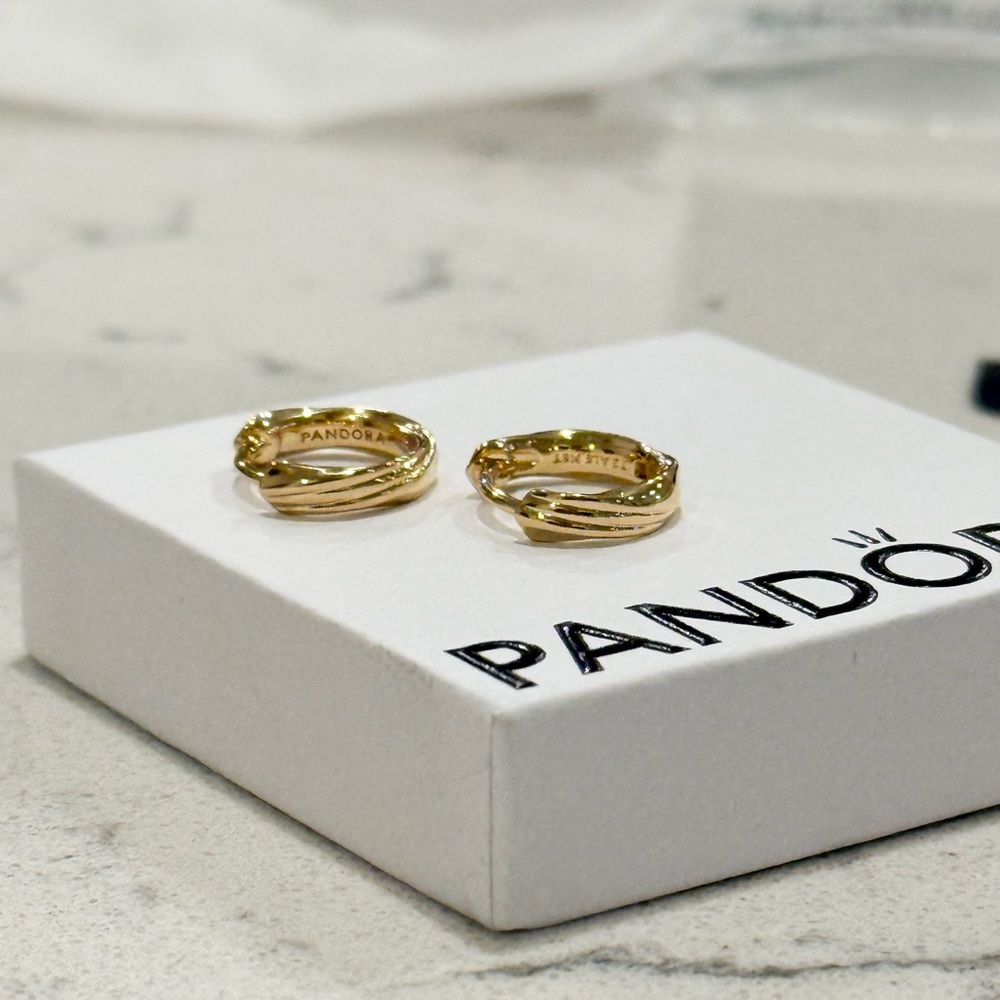 Pandora Gold-Tone Essence Twisted Huggie Earrings - Picture 2 of 5